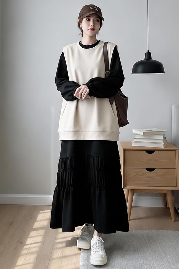Chubikime Sweat Long Loose Ruffled Crew Maxi Plus Spring Women's Dress, Sleeve, Fit, Flattering, Hem, Neck, Length, Sizes, Relaxed, Cute, Fall,