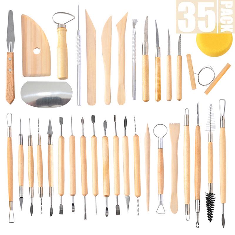 

35-Piece Pottery & Sculpting Tool Set: Stone, Clay & Wooden Knives for DIY Polymer Clay Shaping