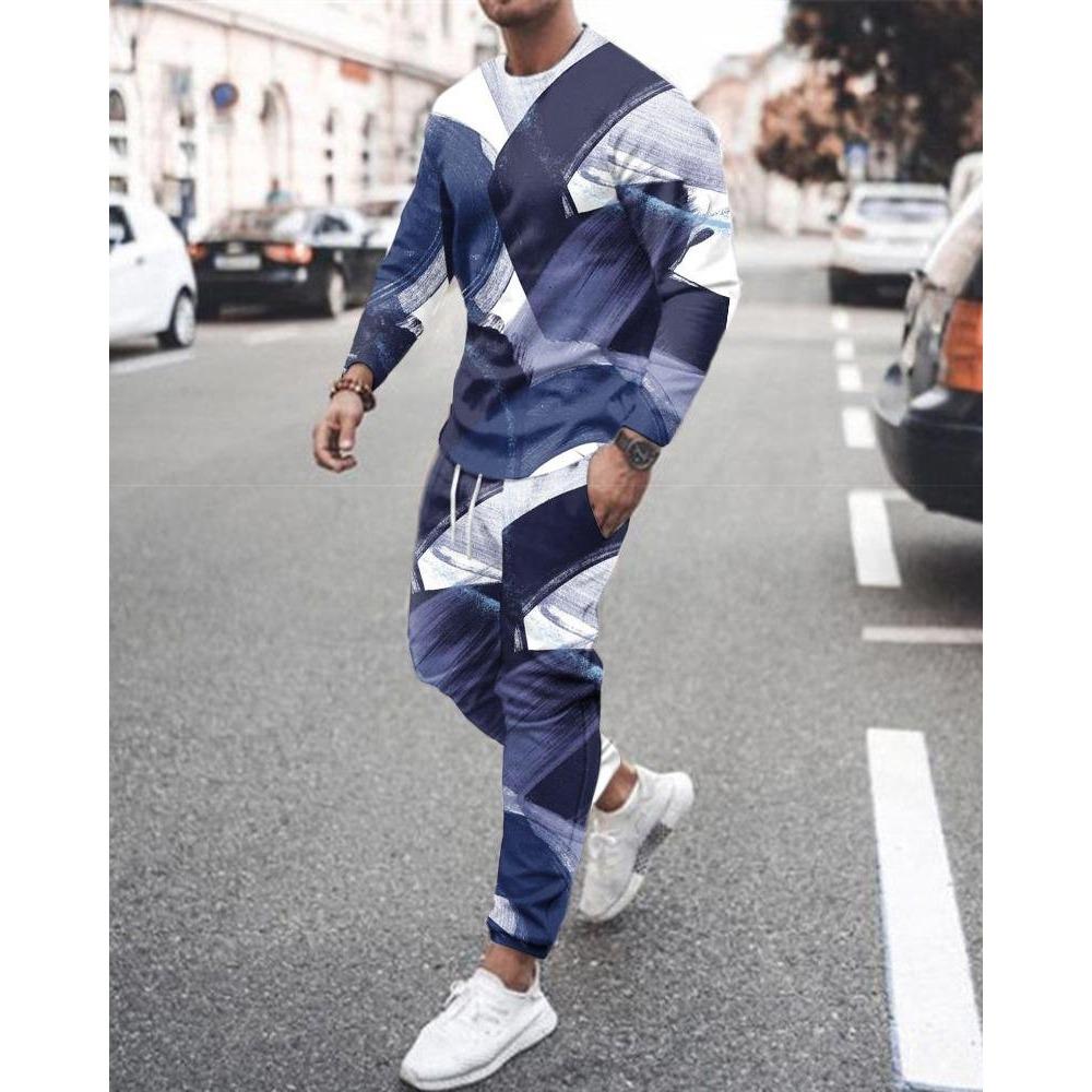 New Men's Long Sleeve T-Shirts Sets Abstract Pattern 3D Print Sports T-Shirt Pants Suit Fashion Tracksuit 2-Piece Jogger Outfits