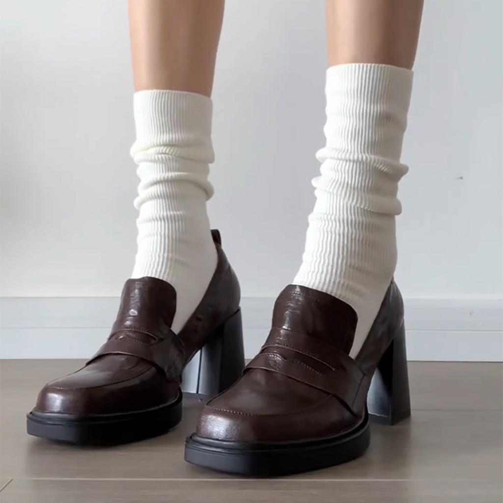 Vintage high-heeled Mary Jane single shoes women's deep-mouth thick-heeled loafers British thick-soled square-head small leather shoes