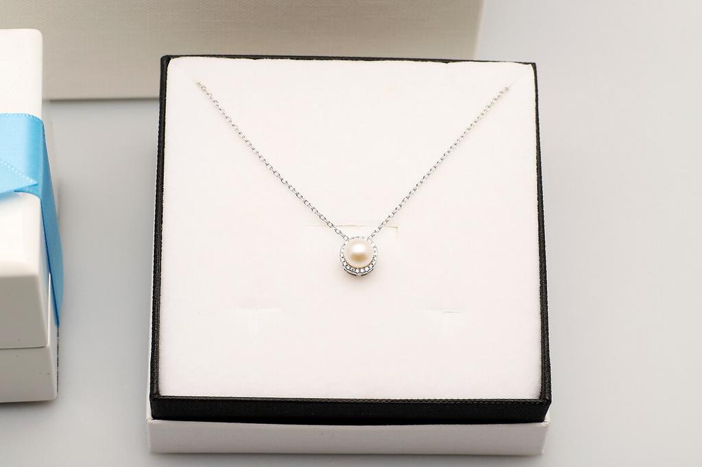 Silver Necklace with Natural Pearl and Cubic Zirconia