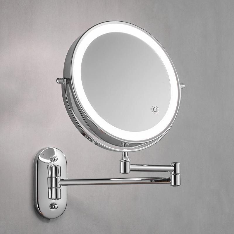 Wall-Mounted LED Vanity Mirror, Double-Sided with Light and Magnifier, Punch-Free Folding Design for Bathroom and Hotel Use