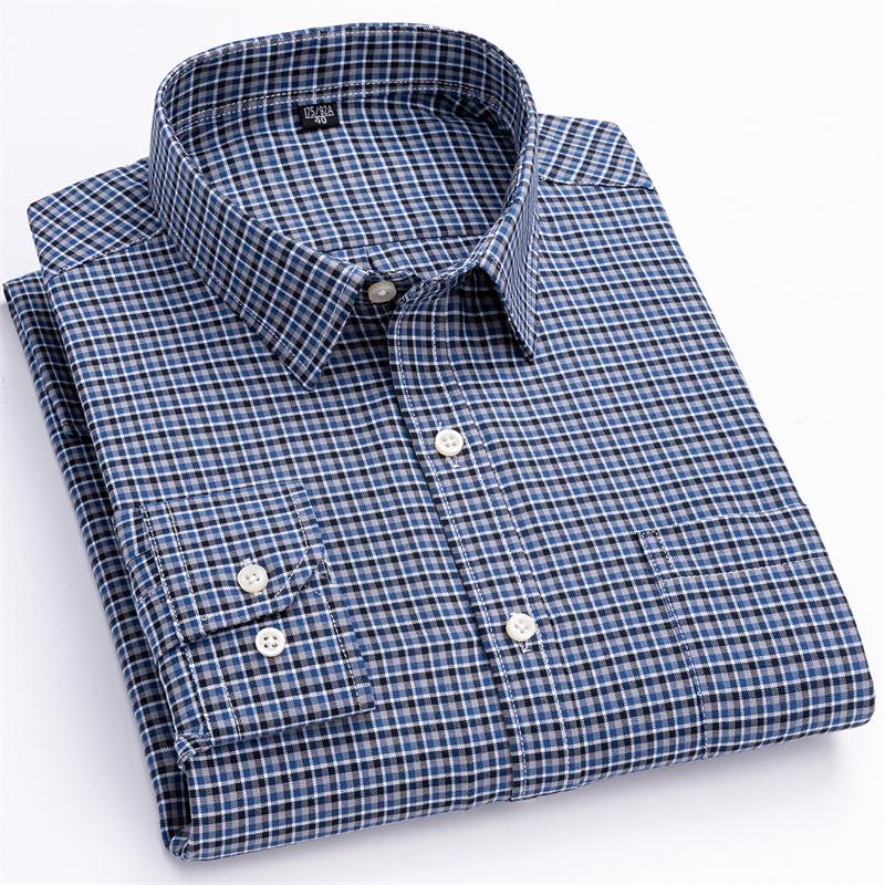Men's Social Shirts Long Sleeve 100%Pure Cotton Oxford Buttoned Plaid Formal Male Casual Clothes Oversized Shirt 6XL 7XL