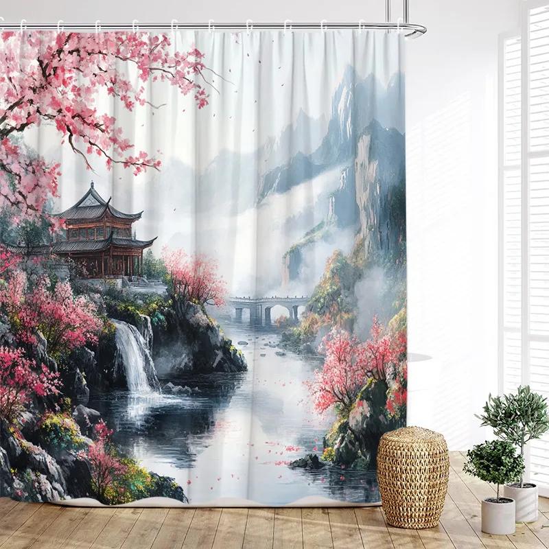 Japanese Style Landscape Shower Curtain Ink Mountain Cherry Blossom Pavilion Lake Asian Art Bath Curtains Home Bathroom Decor