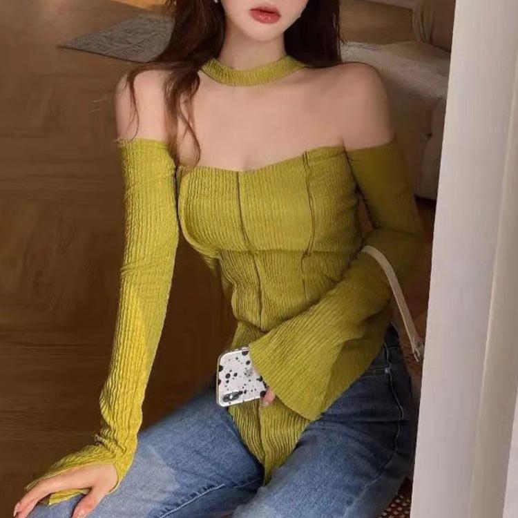 

Сексуальная блузка с длинным рукавом и обернутым нагрудным ремнем, облегающий укороченный топ, женская модная камзол с лямкой на бретельках L зелёный