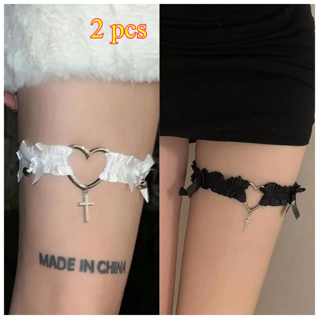 Gothic Lace Garter Belt Heart Bowknot Cross Bells Lolita Garters Elastic Choker Leg Ring Strap Cosplay Lingerie Harness 1/2 Pc