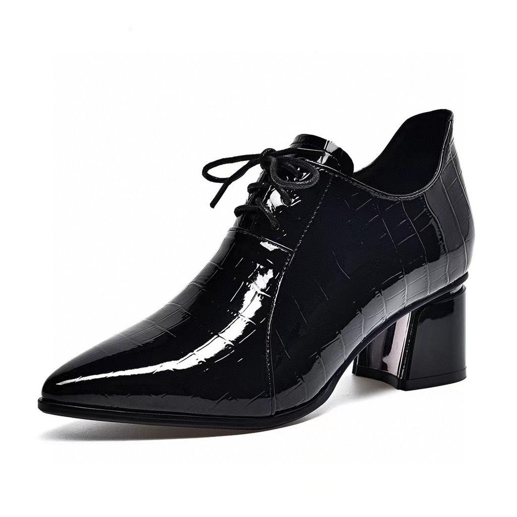 Fashion Pointed High Heels Autumn New Thick Heel Lace-up Small Leather Shoes Cow Patent Leather Deep Mouth Women's Shoes