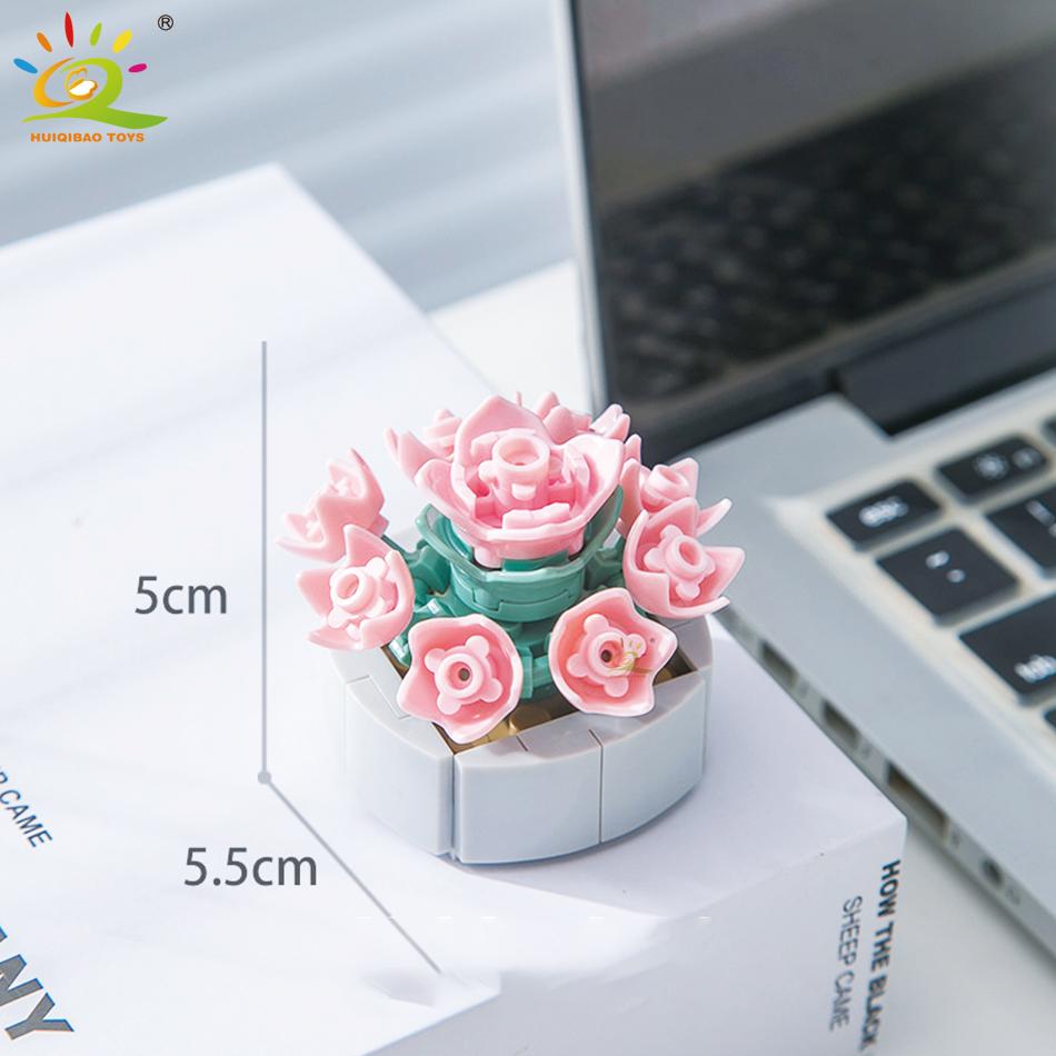 HUIQIBAO MOC Flower Succulent Potted Model Building Block DIY Eternal Bouquet Home Desk Plant Decor Brick Girl Gift Children Toy