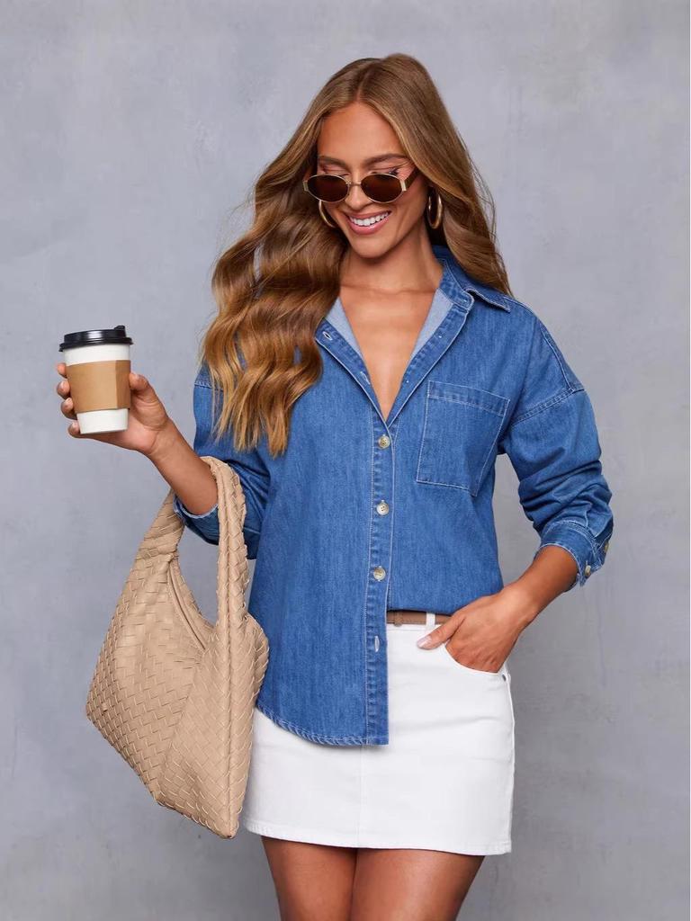 Denim Long Sleeve Casual Lapel Women's Shirt 2026 European & American Style