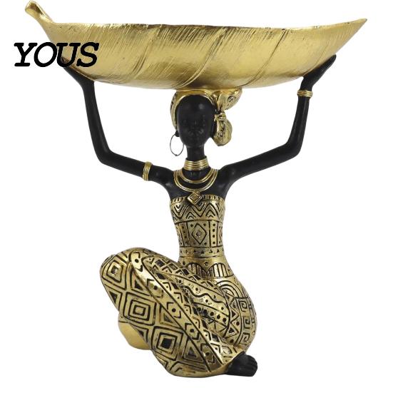 Jewelry Snack Tray African Woman Figurine with Head Tray, Black & White Tribal Ethnic Pattern Resin Statue, Overhead Key Holder Dual-Function Storage