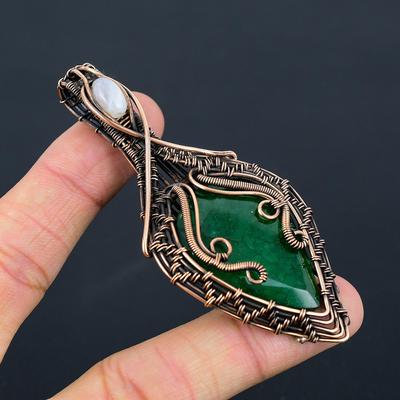 Lab-Created Emerald, Moonstone Gemstone Pure Copper Wire Wrapped Designer Handmade Pendant Jewelry For Wedding Gift