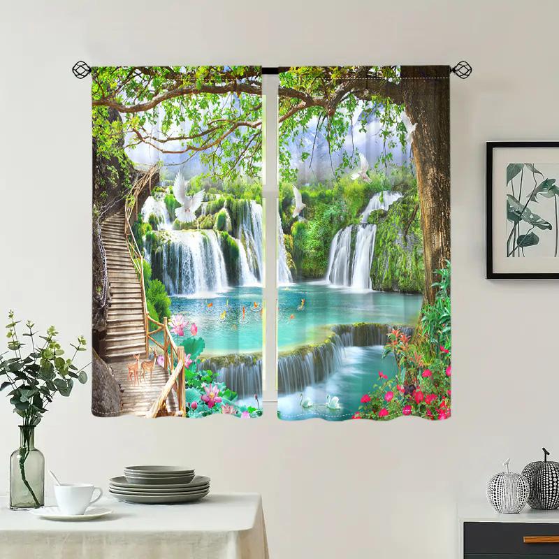 2 Pieces, Natural Scenery Waterfall Landscape Curtains - Pole Pockets Easy To Hang - Living Room, Bedroom, Home Decoration
