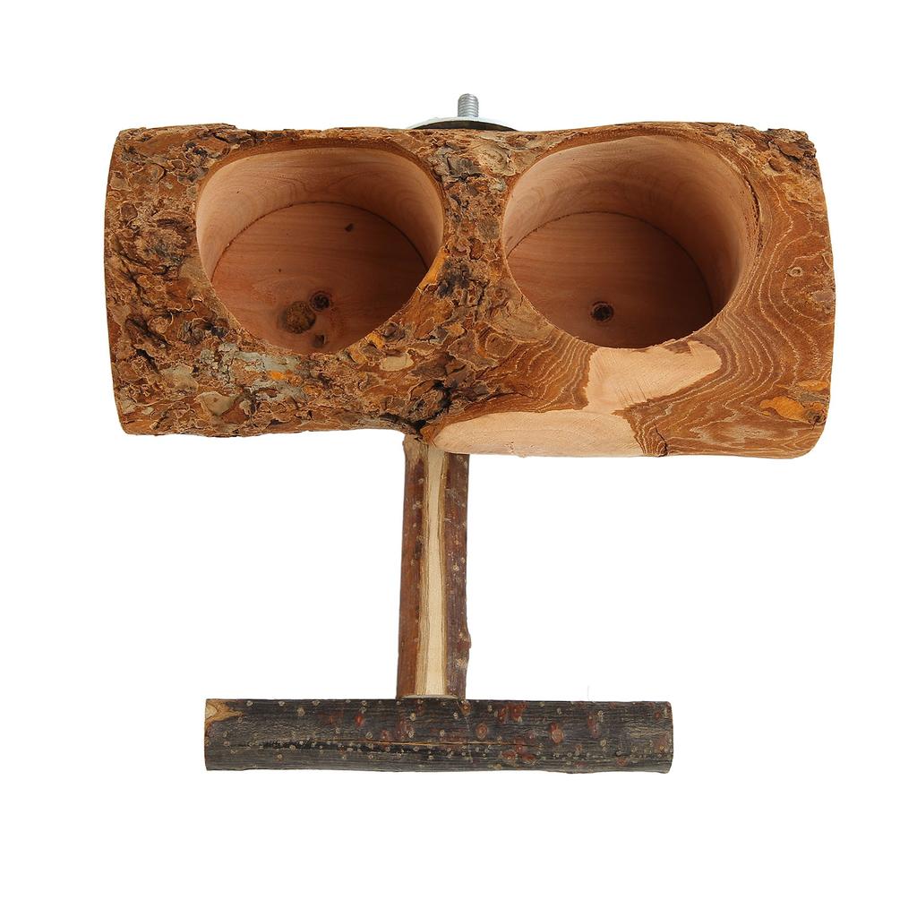 Wooden Parrot Cage Feeder Cups Natural Double Bowl Bird Feeding Watering Dish Cups with Stick