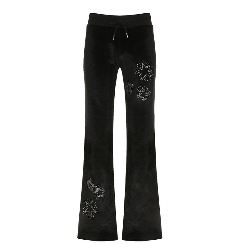 

C471Pt European and American Cross-Border Star-Patterned Rhinestone Ribbed Splicing Waistband Velvet Flared Pants Drawstring Low-Waist Casual Pants Black C471Pt S