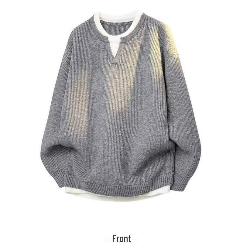 Men s Lazy Style Knit Sweater: Fake Two-Piece Autumn/Winter Pullover with Inner Base Layer 2XL