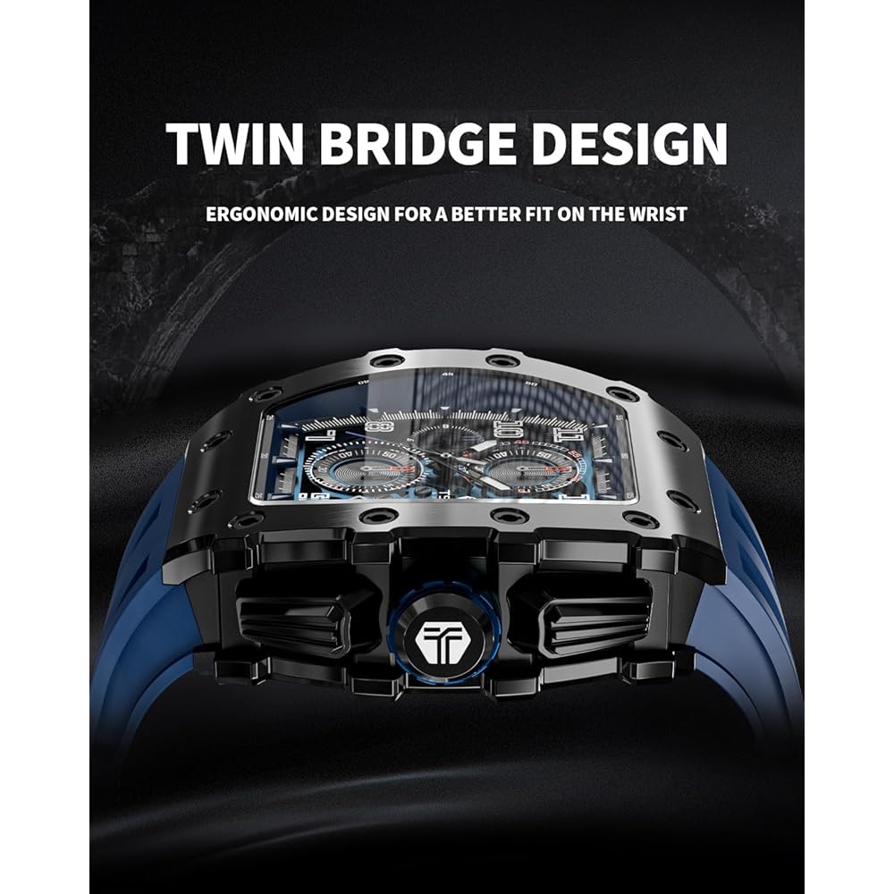 Tsar Bomba Men's Classic Tonneau Face Watch 50M Waterproof Sapphire Crystal Silicone Strap Blue 16.8mm Case Thickness