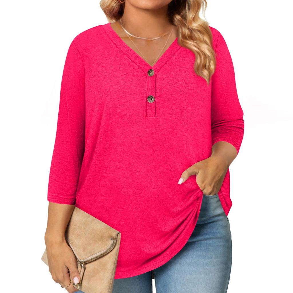 3/4 Length Sleeve Womens Tops Plus Size Button Down V Neck Shirts Blouses Casual Solid Color Loose