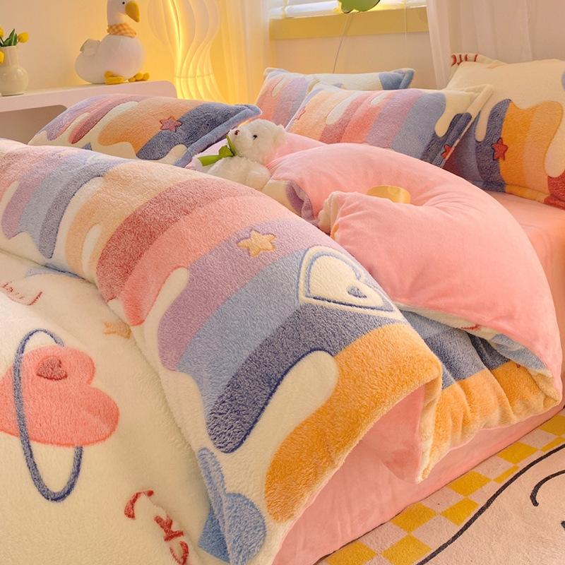 Snowflake Fleece Four-Piece Set, Thickened Milk Coral Fleece Quilt Cover, Double-Sided Fleece Quilt Cover, Bed Sheet, Bed Hat Three-Piece Set