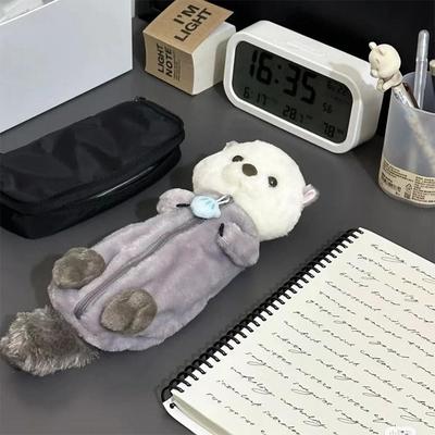 Cartoon Plush Sea Otter Pencil Case Portable School Supplies Pen Bag Makeup Pouch