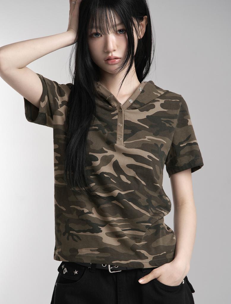 Lupeu Camo Snap Button Slim Hoodie Short Sleeve Tee Brown
