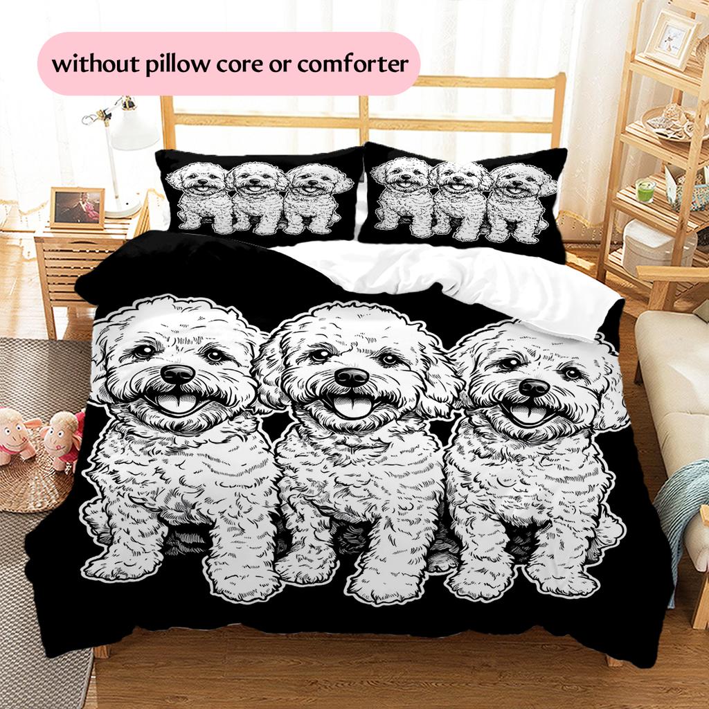 Schwarzes Bichon-Muster Bettwäsche Heimdekoration Geburtstagsgeschenk (1 Bettbezug + 2 Kissenbezüge, ohne Füllung)