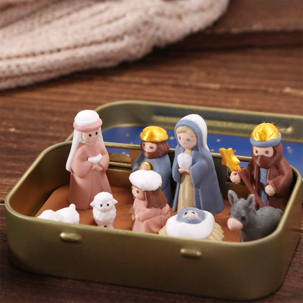 Hand Painted Nativity Manger Scene Kit Metal Tin Box Christmas Figurines Bedside Table