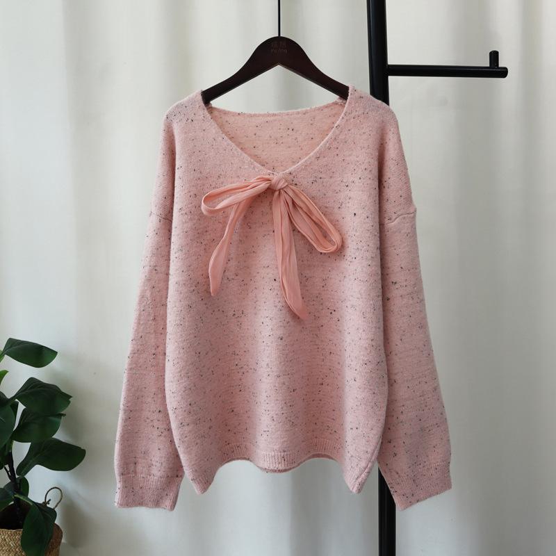 Autumn and Winter New Color Dot Lace-up Bow Knitted Sweater Top Loose Soft Waxy Gentle Wind Sweater Pullover Woman