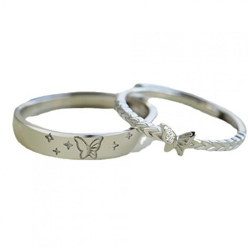 Adjustable Butterfly Couple Ring Set Sterling Unisex Vintage Geometric Design Romantic Gift Him Her