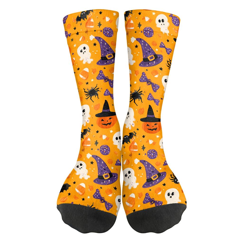 Unisex Breathable Mid-Calf Socks Halloween Pumpkin Pattern Comfortable Stretch Fit Athletic Socks for Everyday Wear