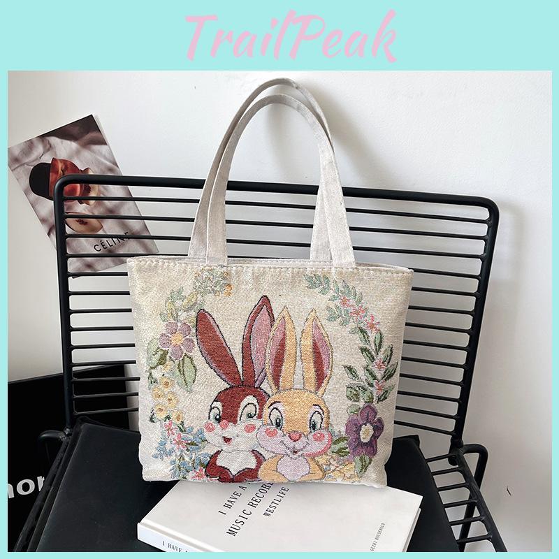 Rabbit Embroidery Canvas Tote Bag With Double Handles For Work And Casual