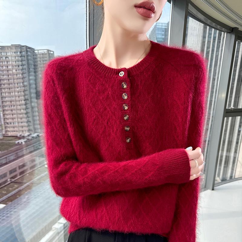 Lekasha 100% Cashmere Mink Velvet Seven-Button Cable Knit Sweater