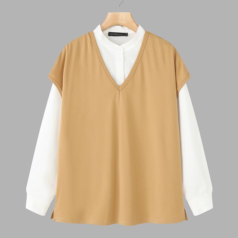 

ZANZEA Women Casual Patchwork Loose Long Sleeve Autumn Blouse XL