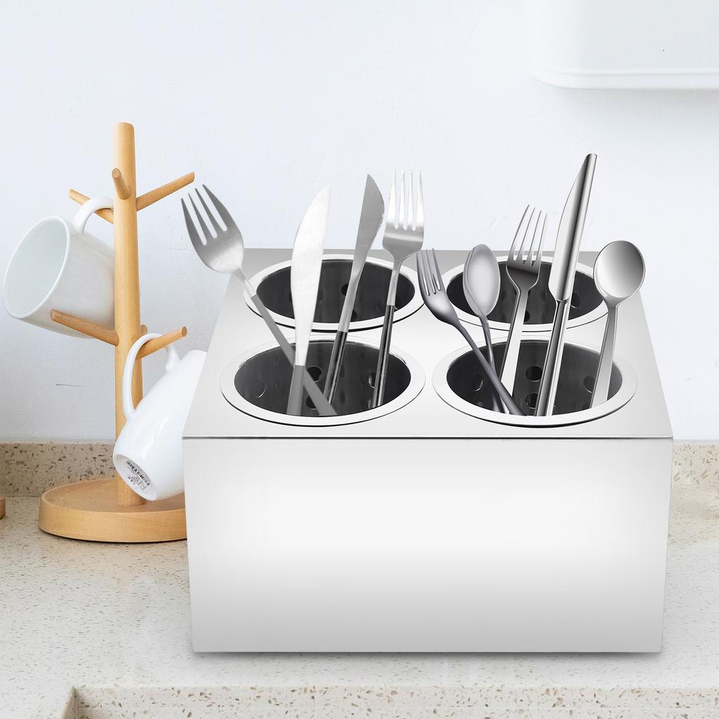Bymaocar 4 Grids Double Row Knife & Fork Box Countertop Cylinder Storage Organizer Holder Stainless Steel Flatware for Kitchen