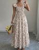 New fresh retro style cake long dress plant print flying sleeves square neck waist dress