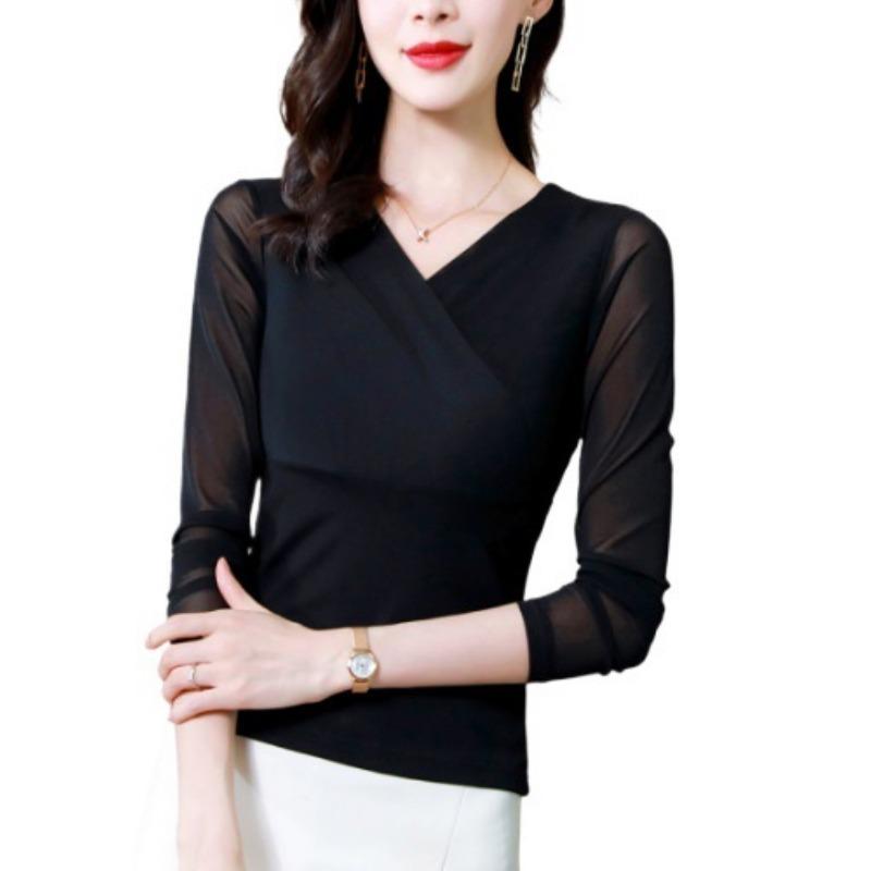Early Autumn Cross V-neck Long Sleeved Mesh T-shirt for Women Slim Fit Waist Cinching Oversized Stylish Top