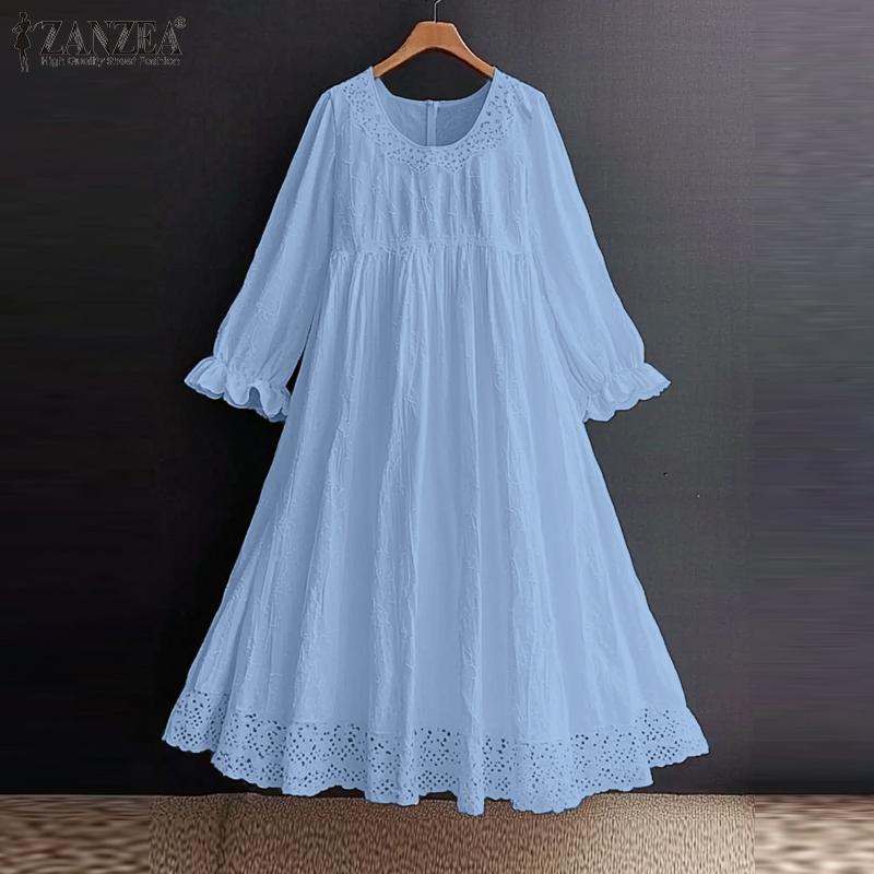 ZANZEA Women Summer Round Neck Trumpet Long Sleeve Lace Dresses