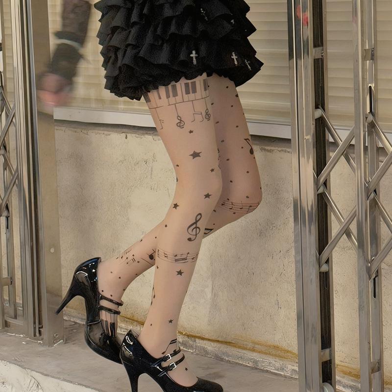 Musical Note Black Stockings Symbol Print Lolita Tights Women Hosiery Sweet High Y2K Girls Stocking Tights Club Party Pantyhose