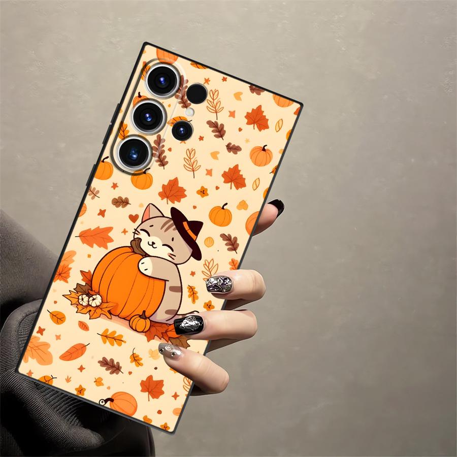 Case for Samsung Galaxy S20 S25 Edge S21 FE S24 Plus S23 Ultra Black Soft Phone Cover Pumpkin Cat