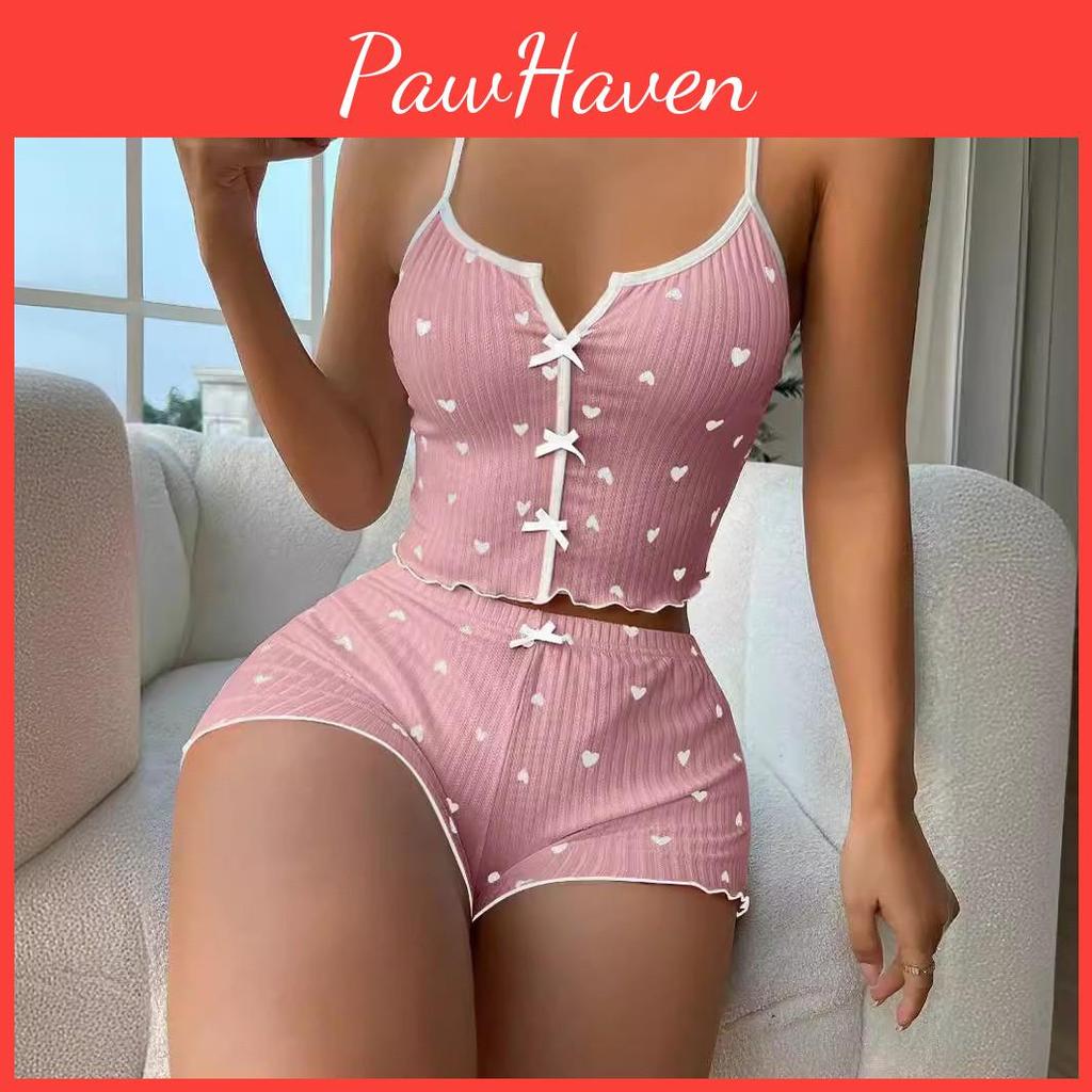 Trim Heart Frill Womens Print Sexy Ribbed Pajama Set Bow Decor Backless Crop Cami Top Shortssummer Nightwear