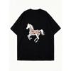 Sukienka T-shirtowa oversize z nadrukiem wzoru czarnego konia, odzież codzienna dla kobiet