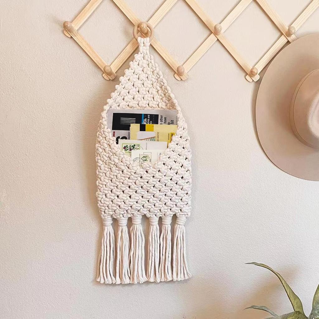 Macrame Mail Organizer Wall Mounted, Handmade Hanging Woven Basket for Boho Home Office Decor, Over the Door Key Letter Envelope File Holder for