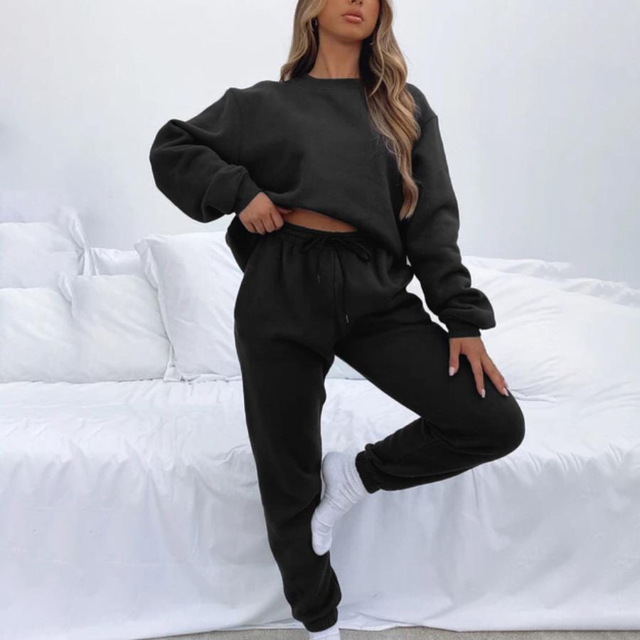 Spring/Autumn Solid Color Crew Neck Pullover Long Pants Women's Fashion Casual Long Sleeve Hoodie Set