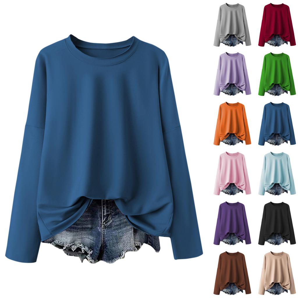 Women's Fashionable Solid Color Round Neck Long Sleeved Sports Casual Pullover Sweatshirt Top