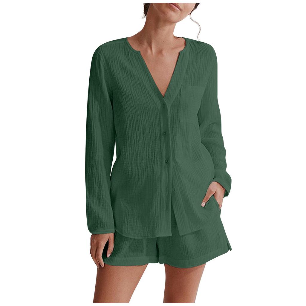 Women's Fashion Casual Solid Color Long Sleeve Top And Shorts Suit
