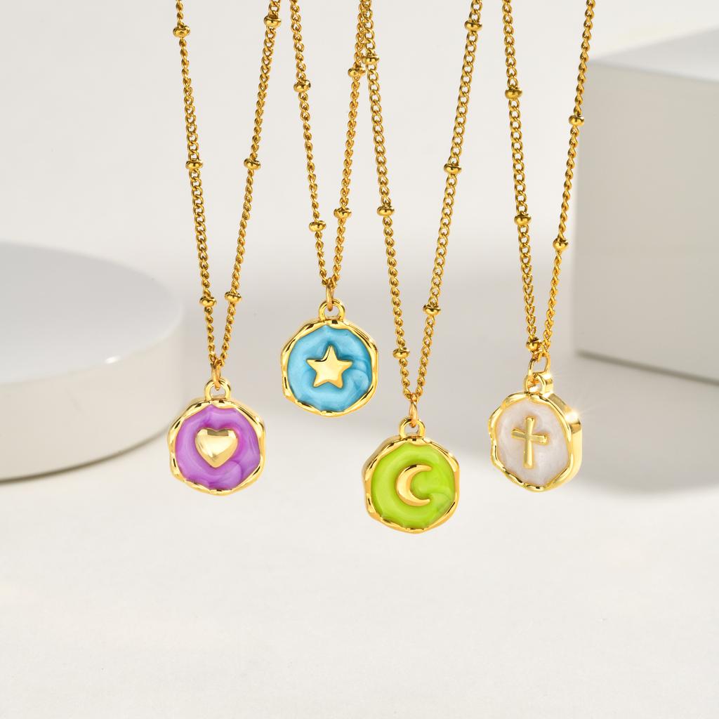 Colorful Enamel Round Pendant Necklace, Star Cross Heart Moon Choker, Stainless Steel Tarnish Resistant Clavicle Jewelry