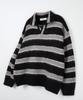 NODU Open Collar Striped Brush Knit [Black]