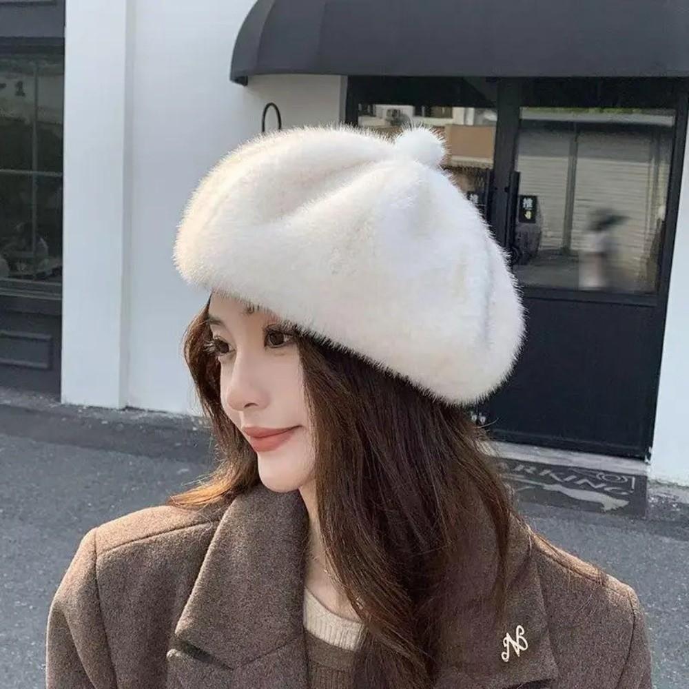 Elegant Vintage Beret Hat Solid Color Fluffy Texture Fur Beret Cap Warm Octagonal Hat for Winter Season