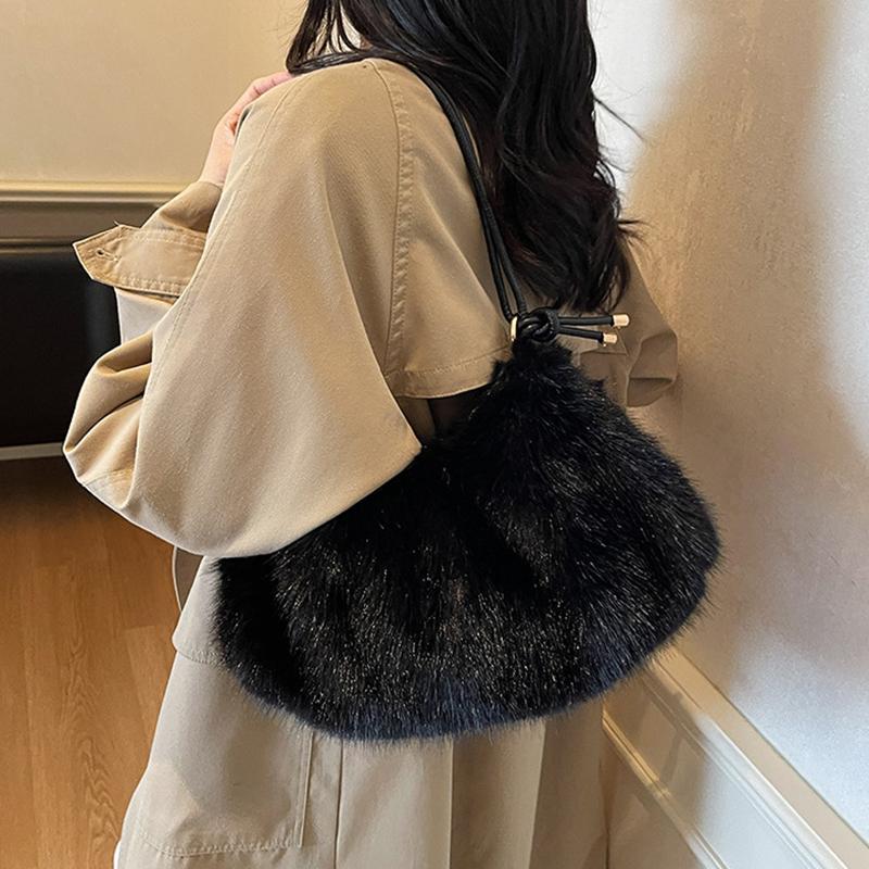 Women's Large Capacity Shoulder Bag Solid Color Plush Imitation Fur Handbag For Autumn And Winter Fashion