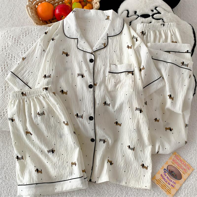 Dachshund Polka Dot Premium Cloud Cotton Pajamas Women'S Summer Short-Sleeved Casual Loungewear Three-Piece Set