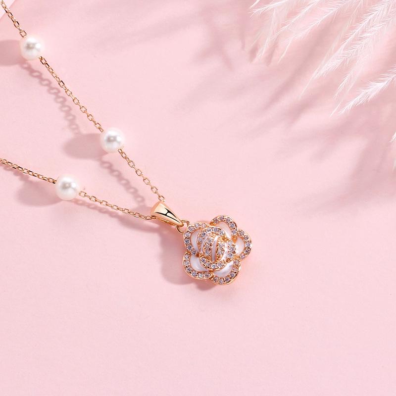 S925 Sterling Silver Camellia Pearl Necklace - Women's Forest Style, Light Luxury, Clavicle Chain, Niche Design.